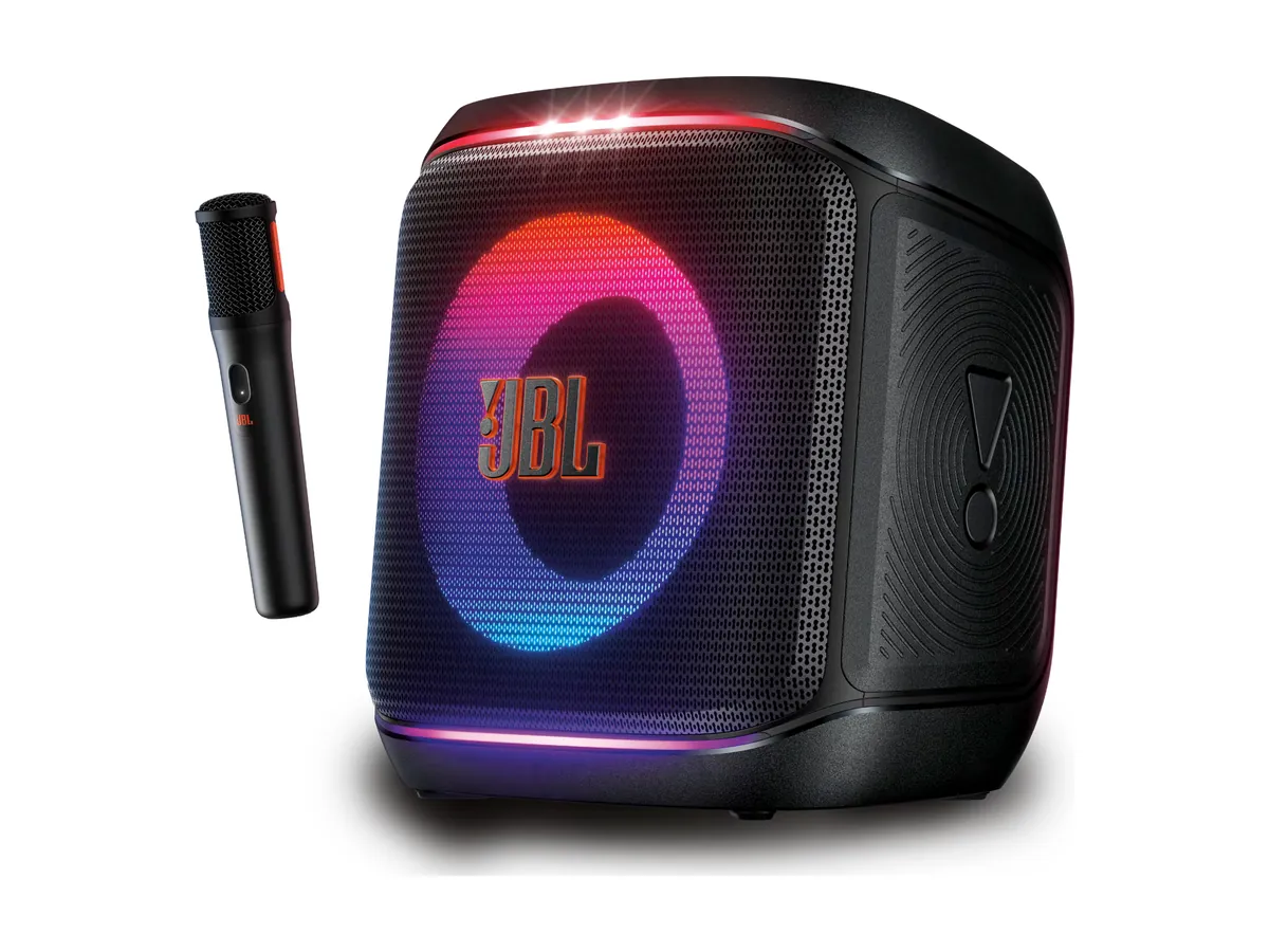 JBL PartyBox Encore 2 com microfone — imagem ilustrativa de referência